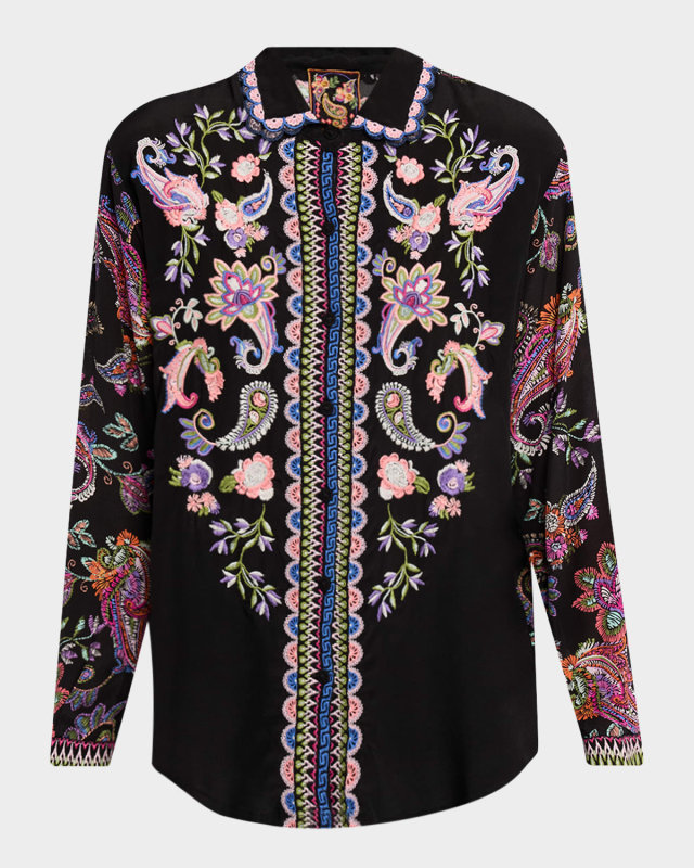 Mills Embroidered Paisley-Print Silk Shirt